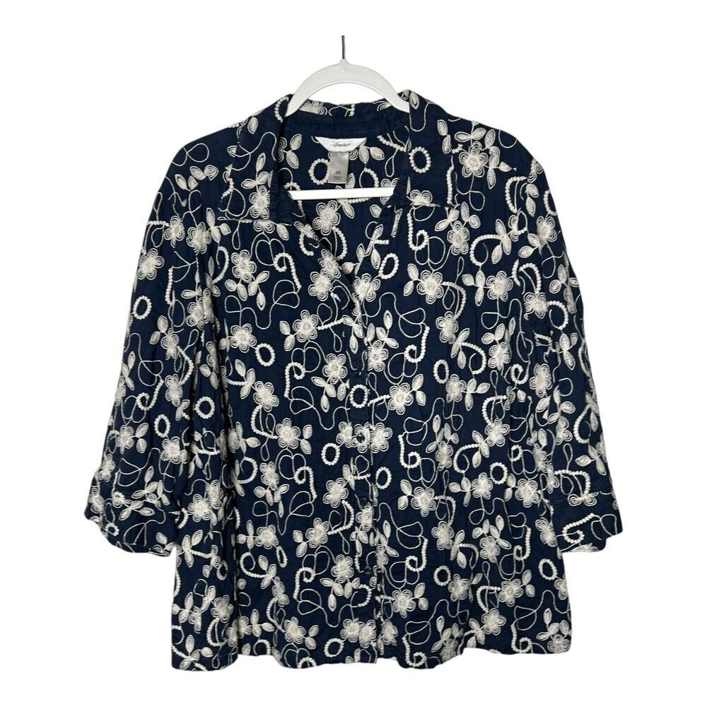 CJ Banks Blouse Womens‎ 3X Embroidered Button Up Shirt Navy Floral Boho Career